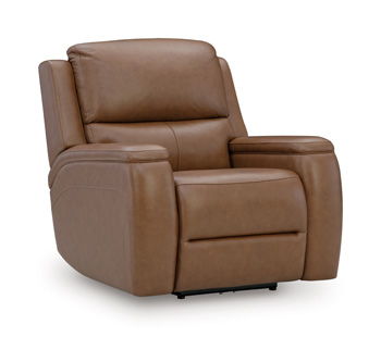 Syran caramel power recliner with cushioned back and broad arms
