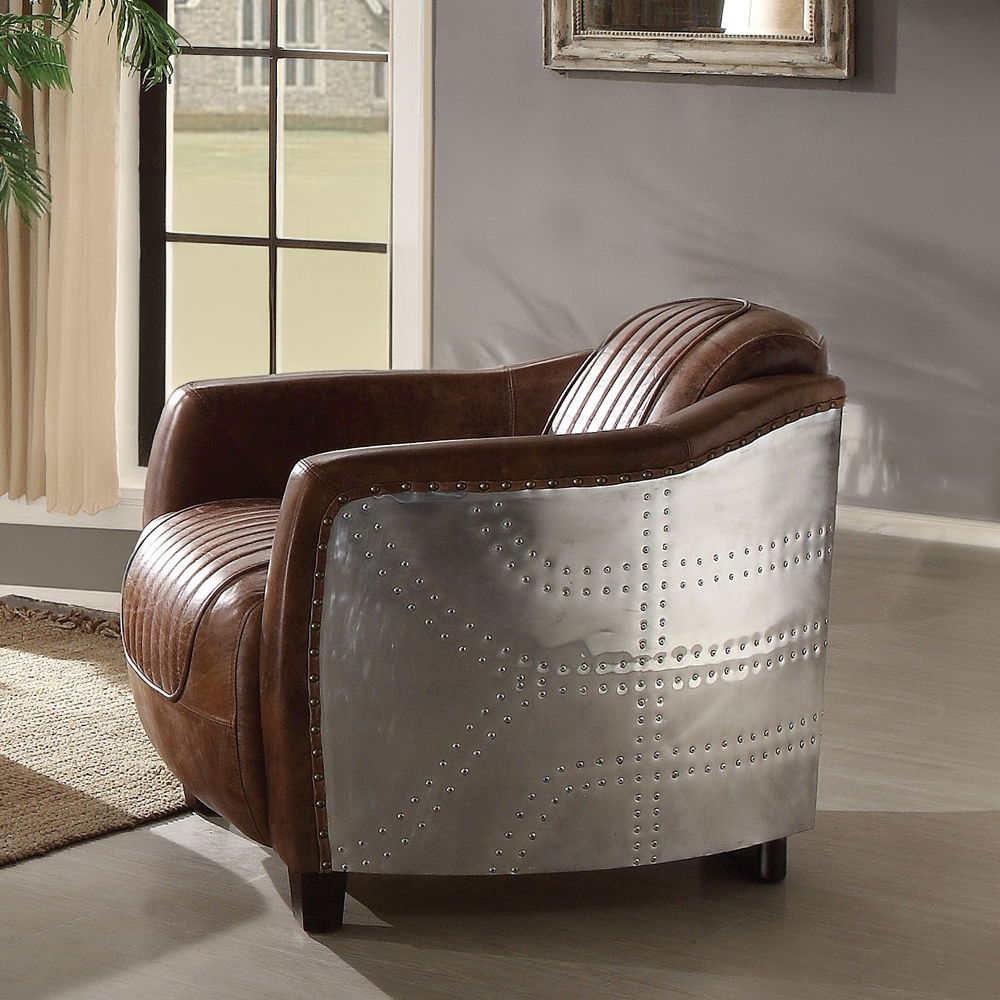 Brancaster - Chair - Retro Brown Top Grain Leather & Aluminum, product view with wood construction