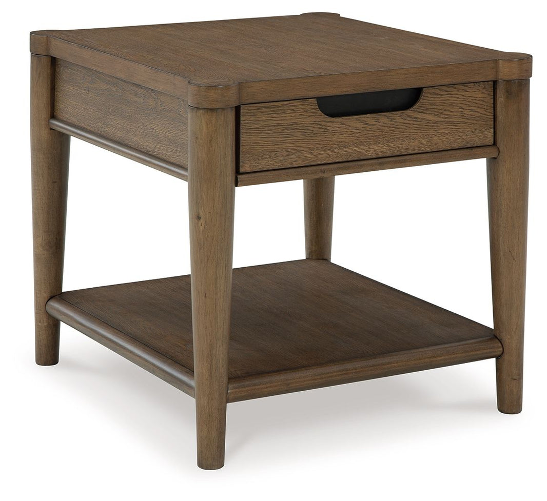 Roanhowe - Rectangular End Table - Brown, product view with wood construction