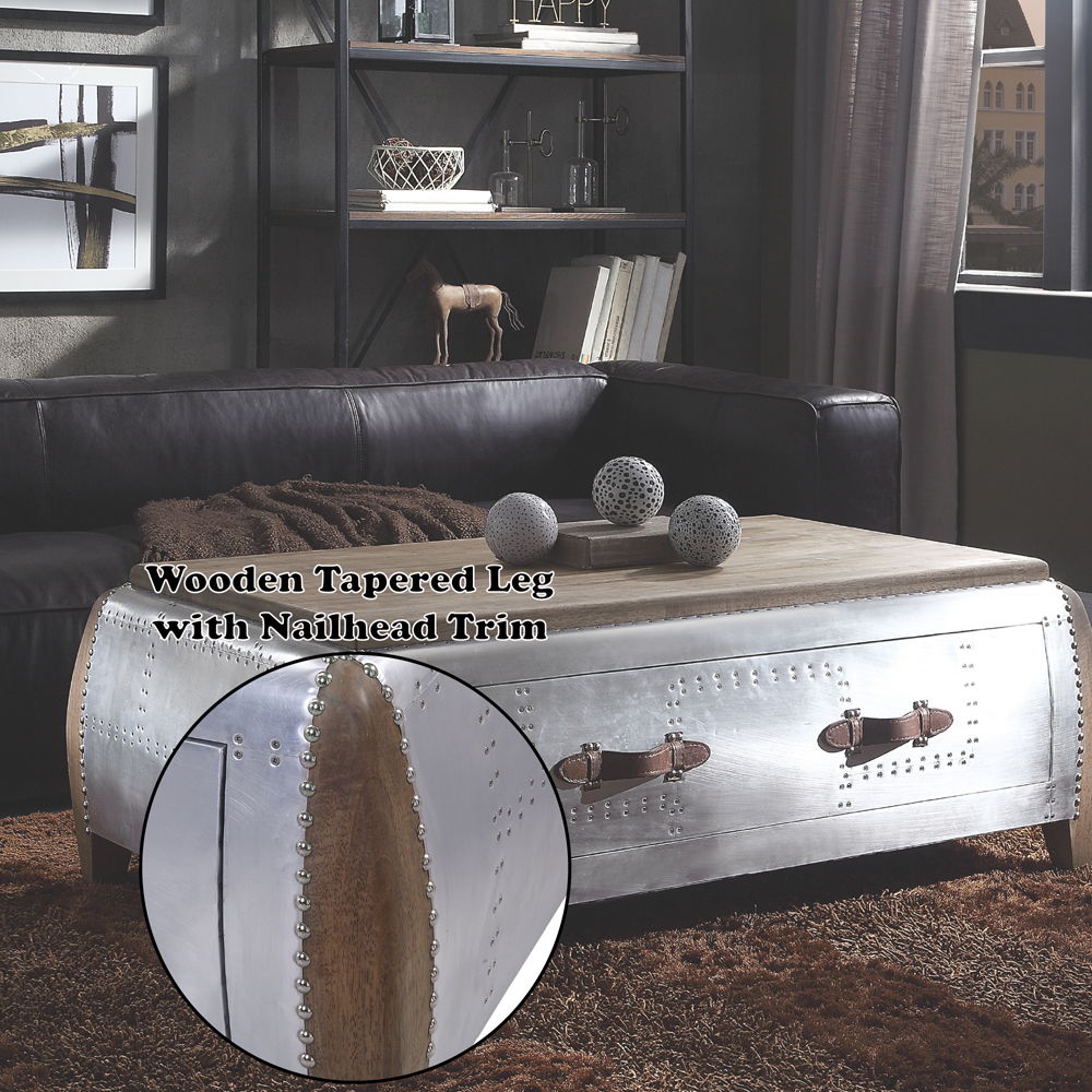 Brancaster - Coffee Table - Antique Oak & Aluminum, alternate view 6 with top-grain leather