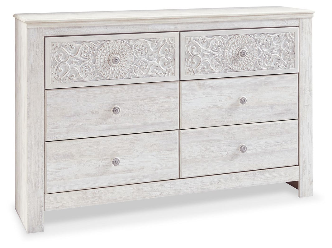 Paxberry - Six Drawer Dresser - Medallion Drawer Pulls - Whitewash, product view with engineered wood