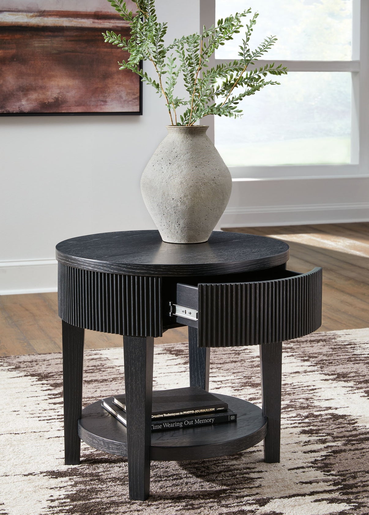 Marstream - Round End Table - Black, alternate view 5 with wood construction