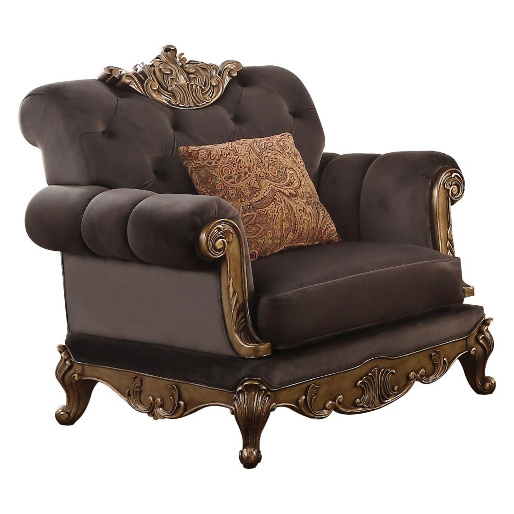 Orianne - Chair - Charcoal Fabric & Antique Gold, product view with wood construction