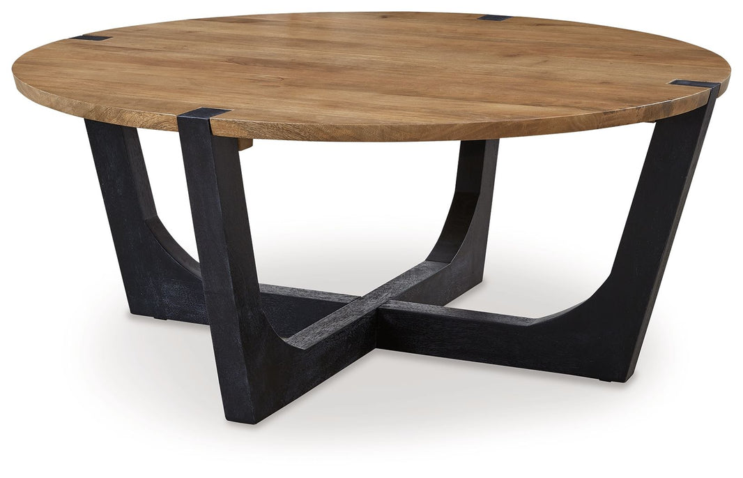 Hanneforth - Round Cocktail Table - Brown, product view with solid wood