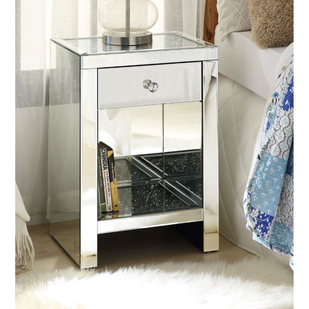 Noralie - 26"H Accent Table - Mirrored & Faux Diamonds, product view with glass