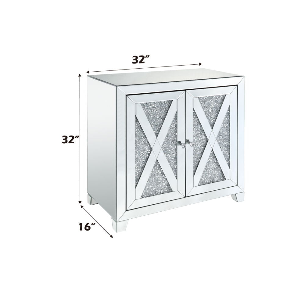 Noralie - 2 Door Console Cabinet - Mirrored & Faux Diamonds, alternate view 2 with wood construction