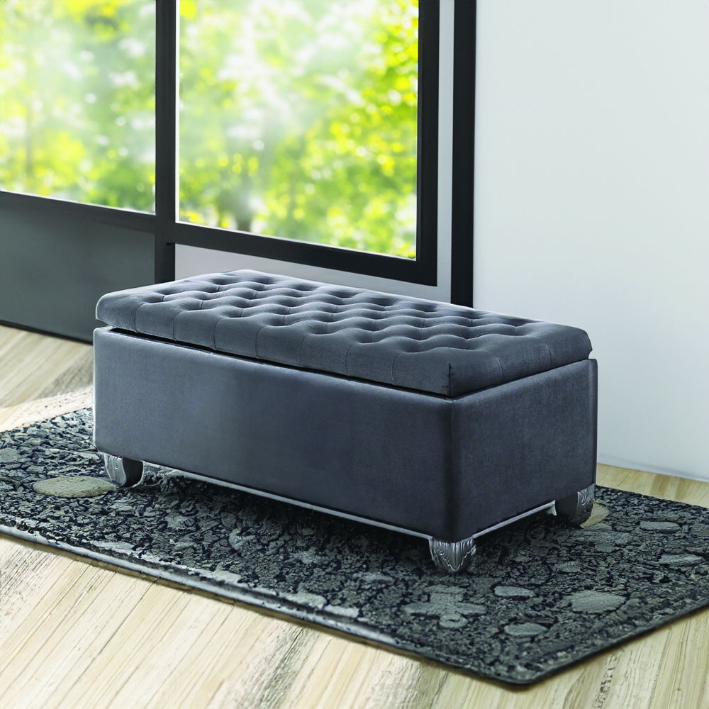 Rebekah - Bench With Storage - Gray Fabric, alternate view 4 with velvet upholstery