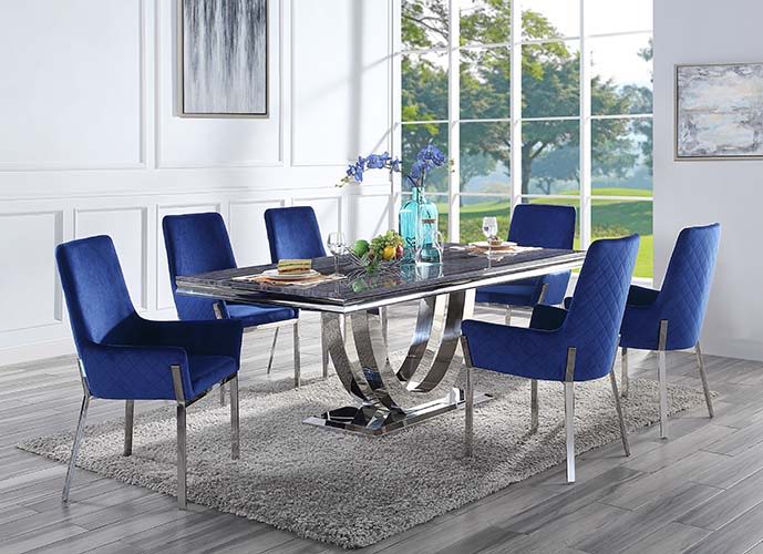 Cambrie - Side Chair (Set of 2) - Blue Velvet & Mirrored Silver, alternate view 3 with marble