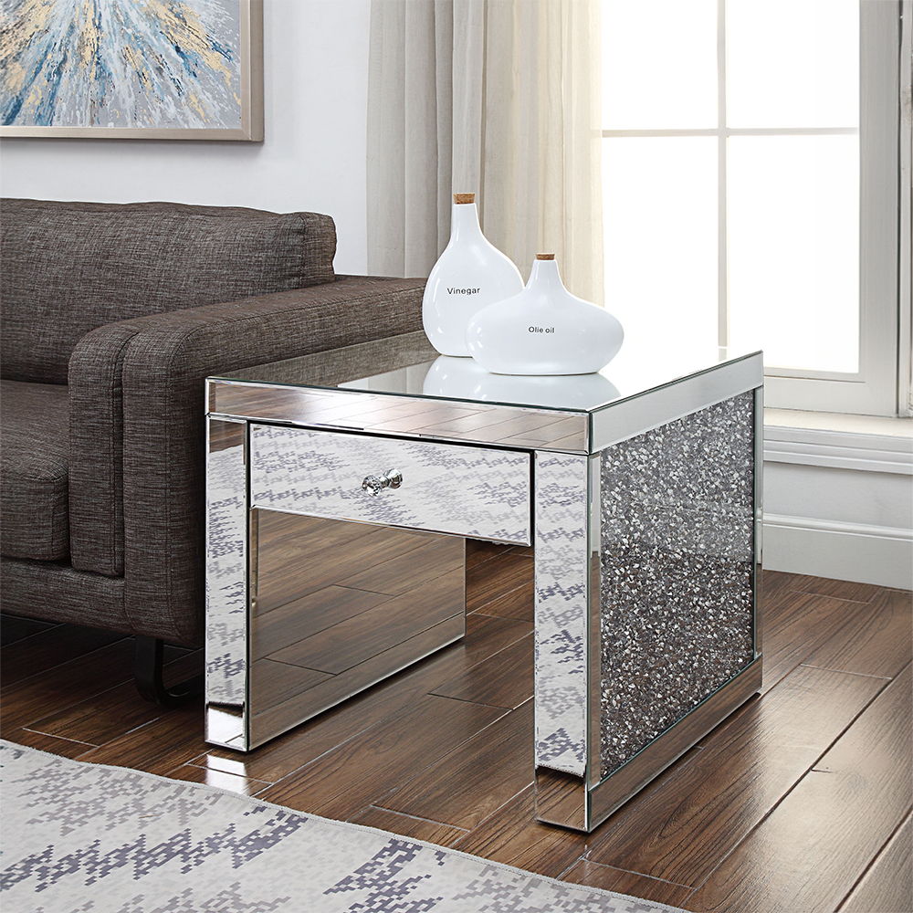 Noralie - 24" Square End Table - Mirrored & Faux Diamonds, product view with wood construction