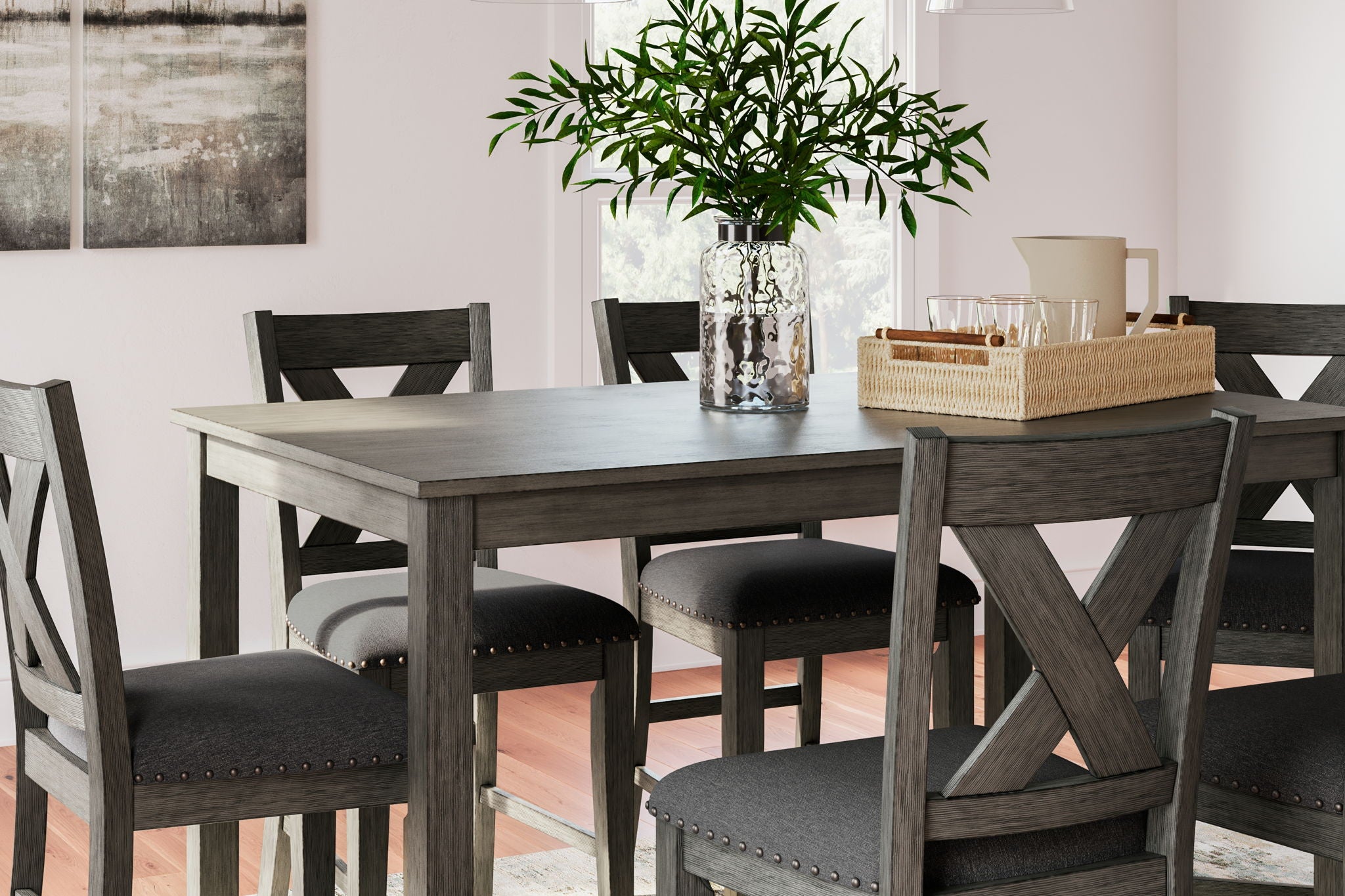 Caitbrook - Rect Drm Counter Table Set (Set of 7) - Gray, alternate view 6 with polyester fabric