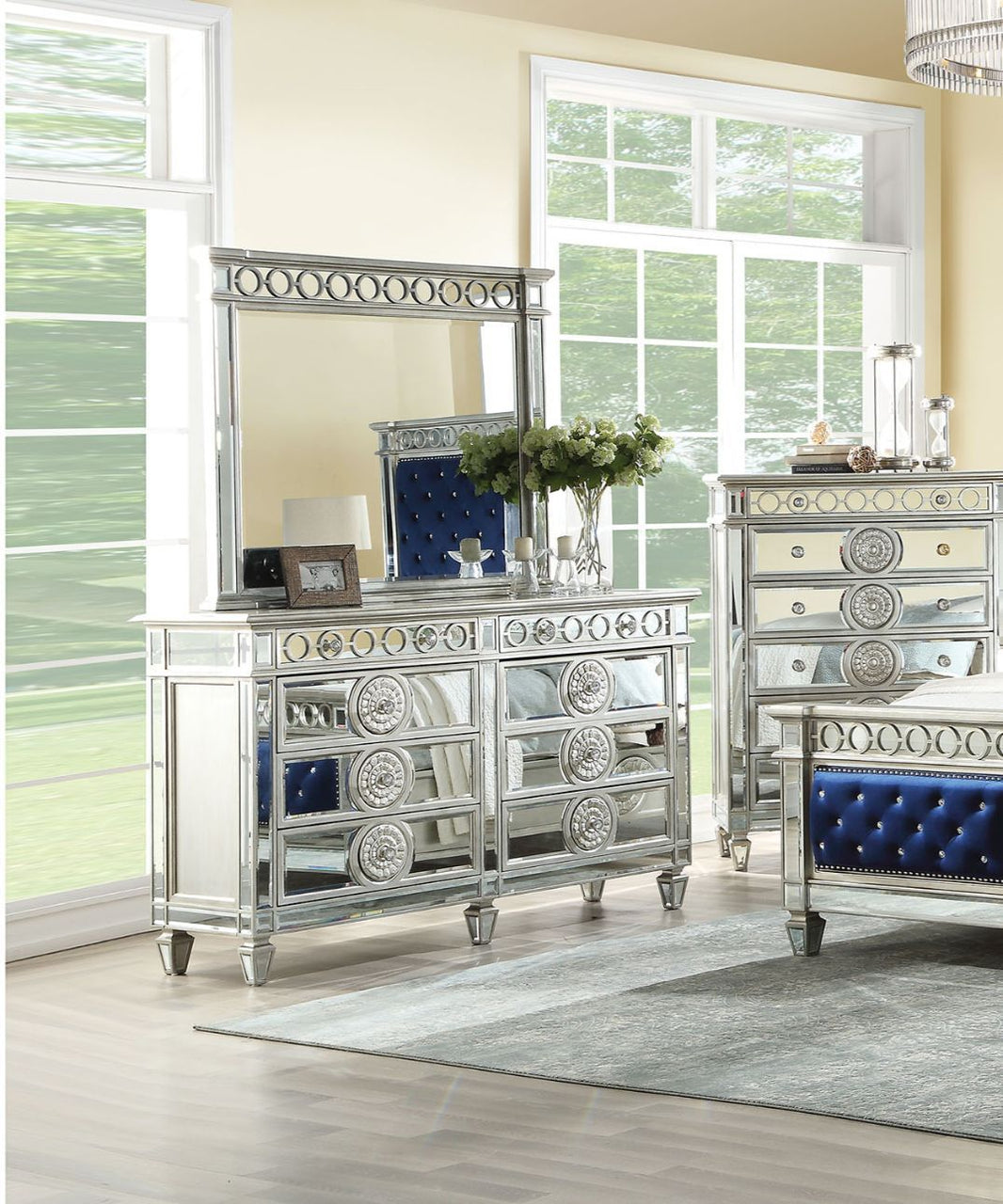 Varian - Dresser - Mirrored, product view with wood construction