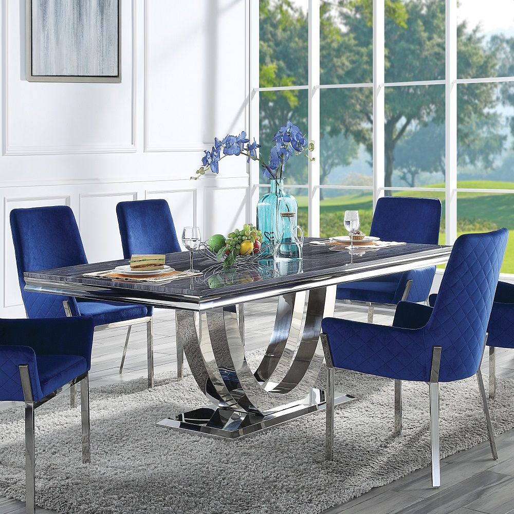 Cambrie - Dining Table With Engineered Stone Top - Engineered Stone Top & Mirrored, alternate view 5 with velvet upholstery