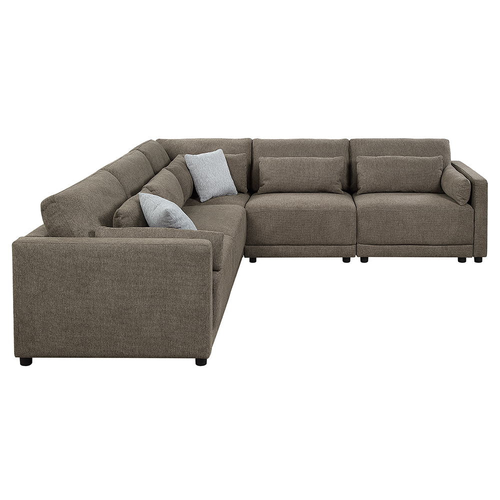 Rylie - Modular Wedge With 3 Pillows - Brown Linen, alternate view 4 with wood construction