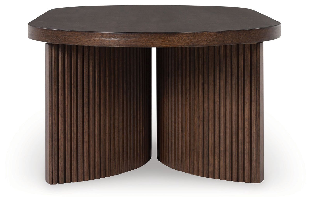 Korestone - Oval Cocktail Table - Dark Brown, alternate view 7 with wood construction