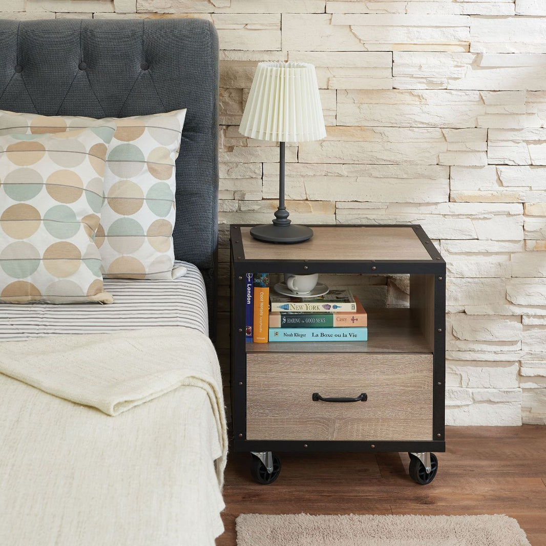 Bemis - Accent Table - Rustic Natural & Black, product view with wood construction