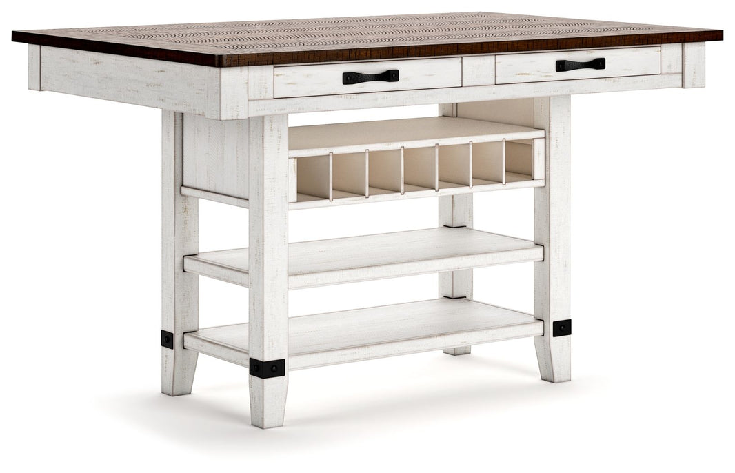 Valebeck - Rect Dining Room Counter Table With Wine Rack, product view with metal