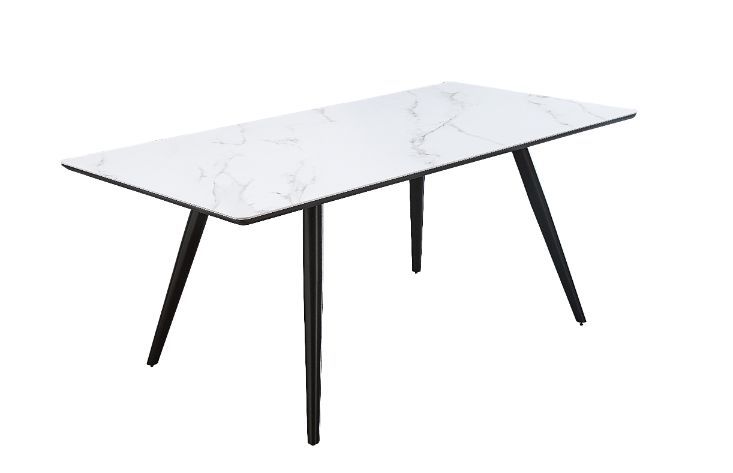 Caspian - Dining Table - White Printed Faux Marble Top & Black, product view with wood construction