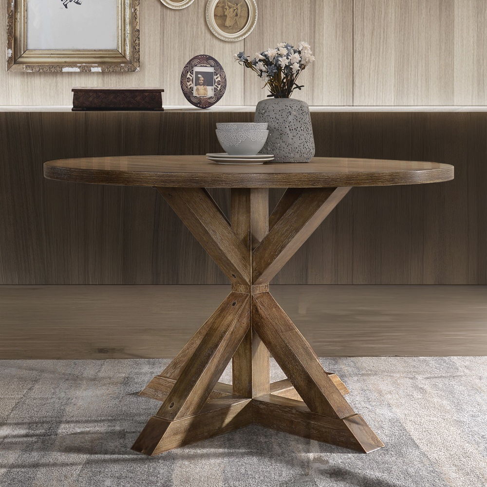 Wallace II - Dining Table - Weathered Oak, product view with linen fabric