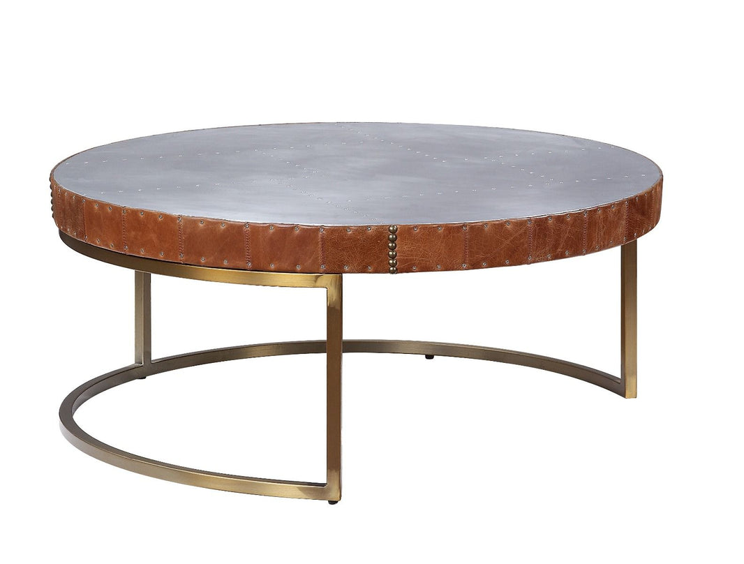 Tamas - 16" Coffee Table - Aluminum & Cocoa Top Grain Leather, product view with metal