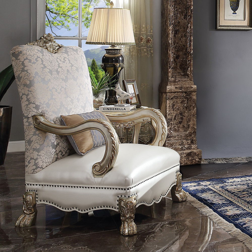 Dresden II - Chair With Pillow - Pearl Synthetic Leather /Fabric & Gold Patina, product view with solid wood