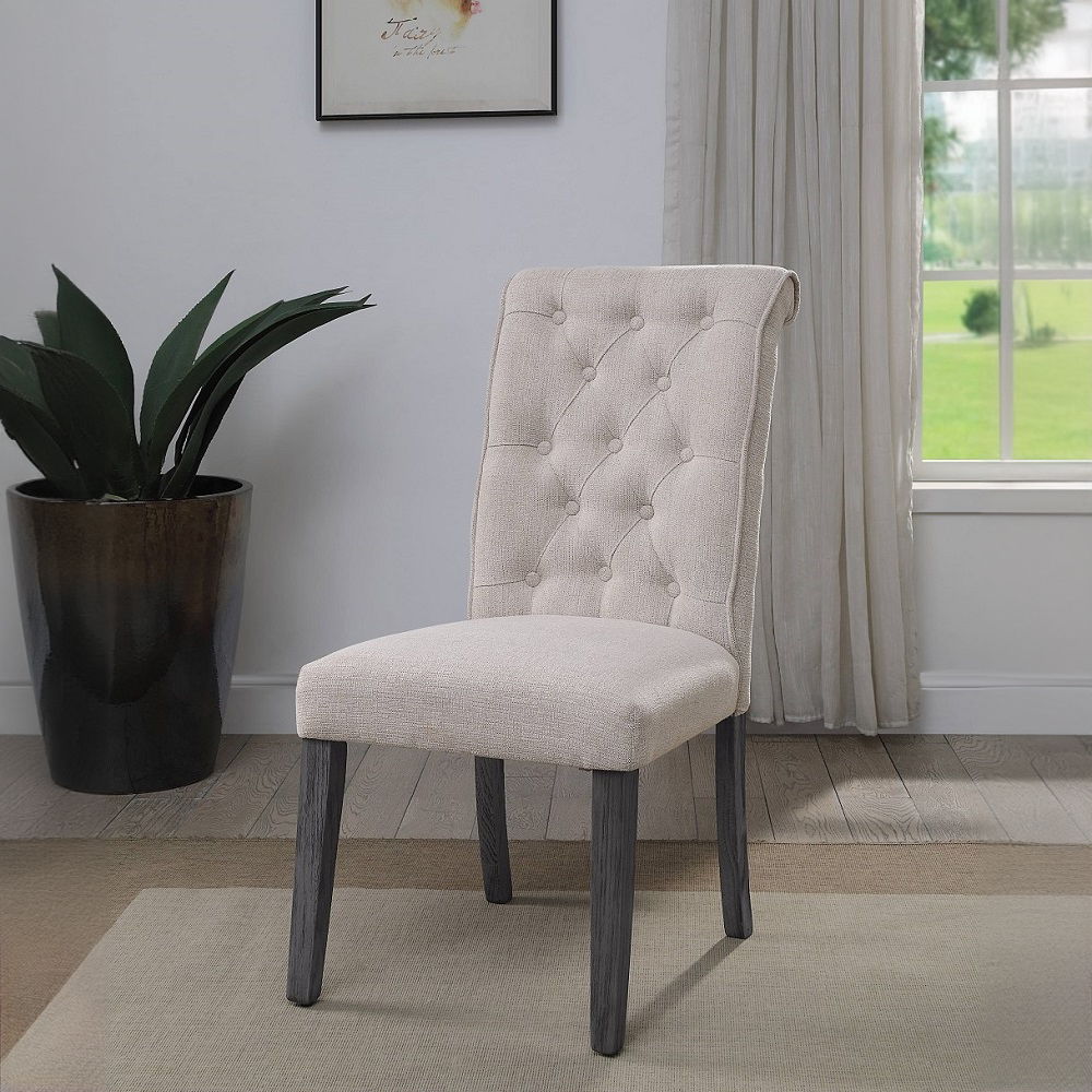 Yabeina - Side Chair (Set of 2) - Beige Linen & Gray, product view with wood construction