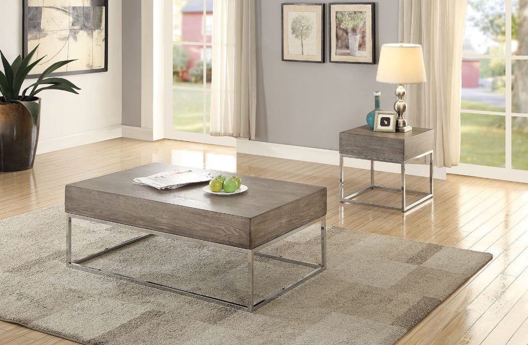 Cecil II - Coffee Table - Gray Oak & Chrome, product view with wood construction