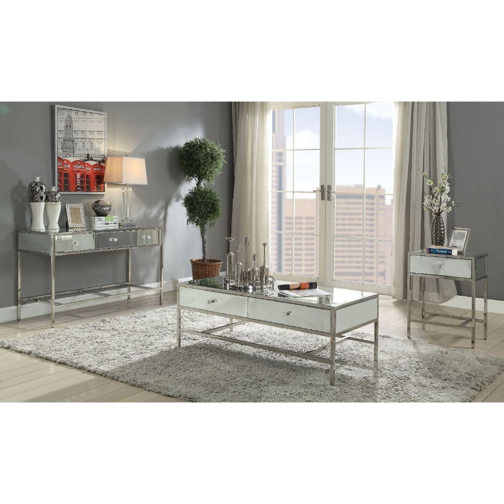 Weigela - Coffee Table - Mirrored & Chrome, product view with wood construction