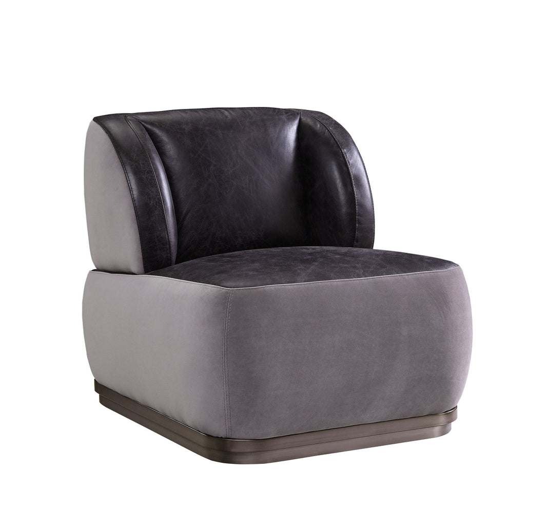 Decapree - Accent Chair - Antique Slate Top Grain Leather & Gray Velvet, product view with wood construction