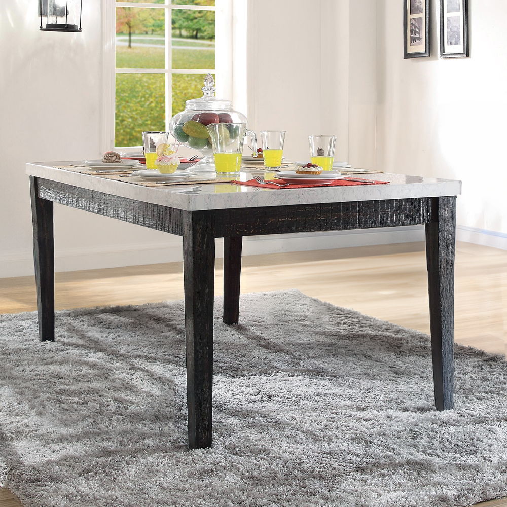 Nolan - Dining Table - White Natural Marble Top & Salvage Dark Oak, product view with wood construction