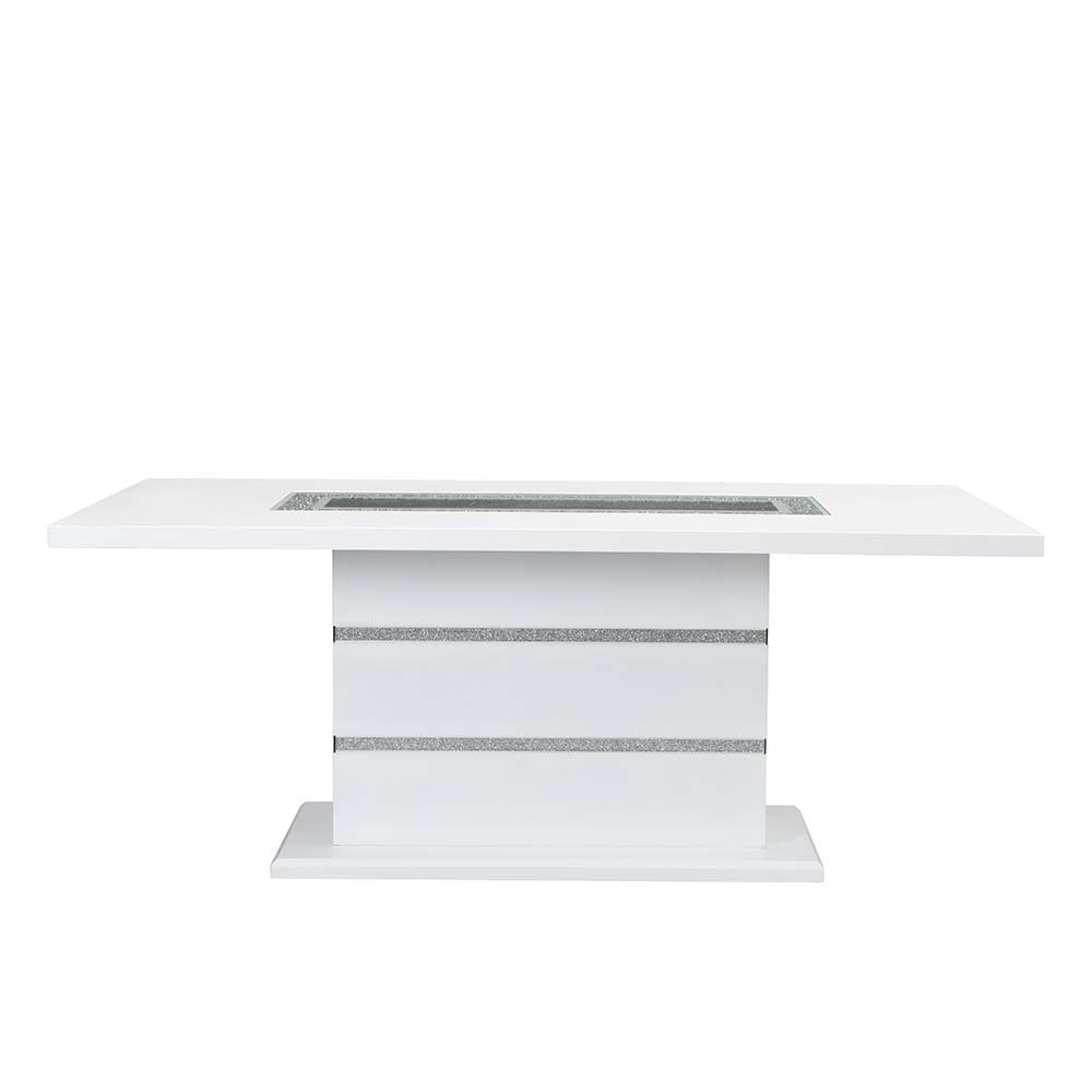 Elizaveta - Dining Table With Pedestal Base - Faux Crystal Diamonds & White High Gloss, product view with glass