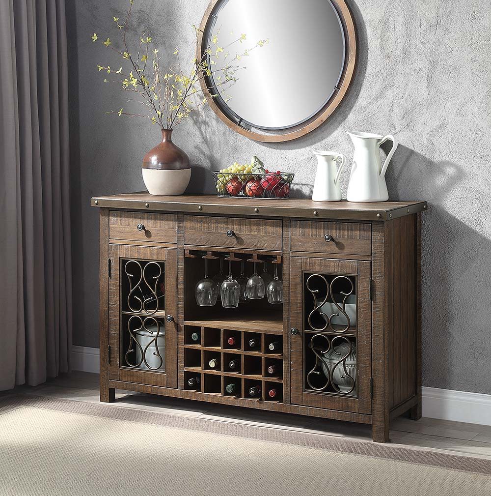 Raphaela - Server With Cup Holder & Wine Rack - Weathered Cherry, alternate view 6 with metal