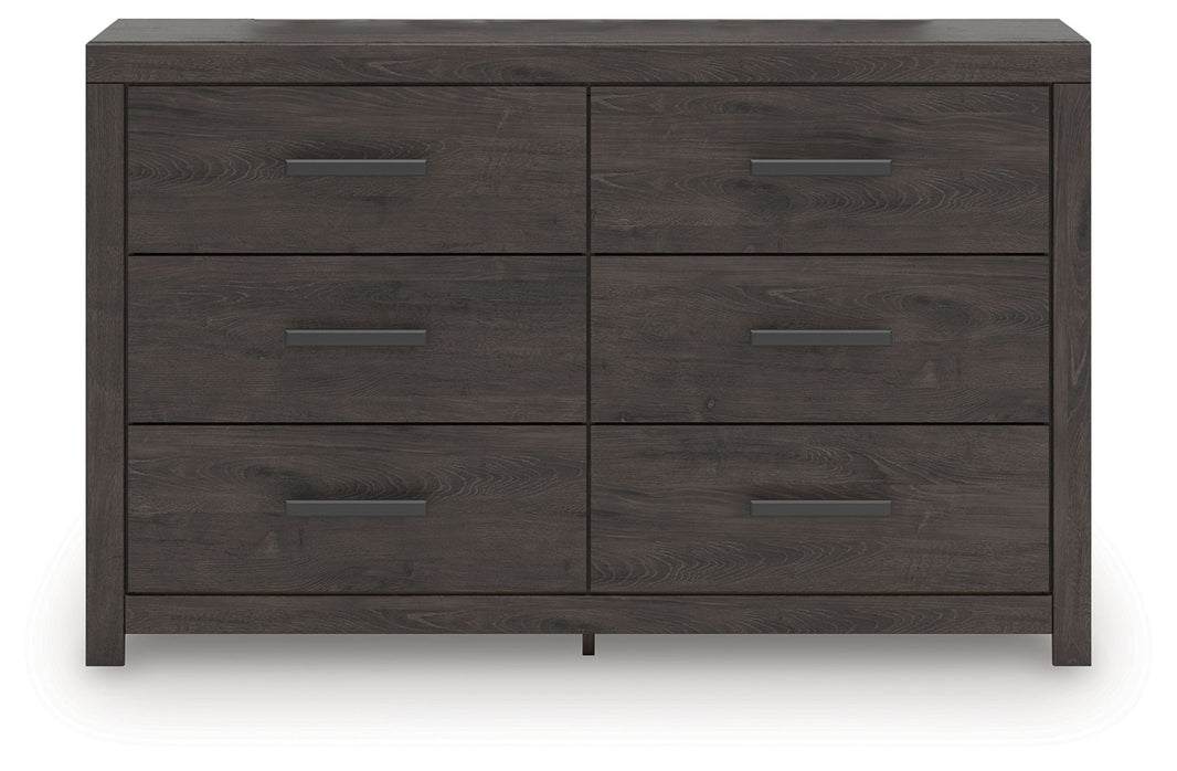 Prendonea - Six Drawer Dresser - Charcoal, product view with linen fabric