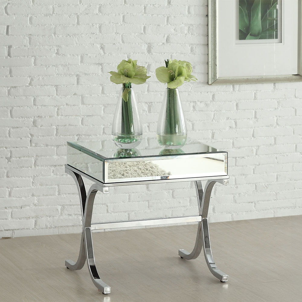 Yuri - End Table - Mirrored & Chrome, product view with wood construction