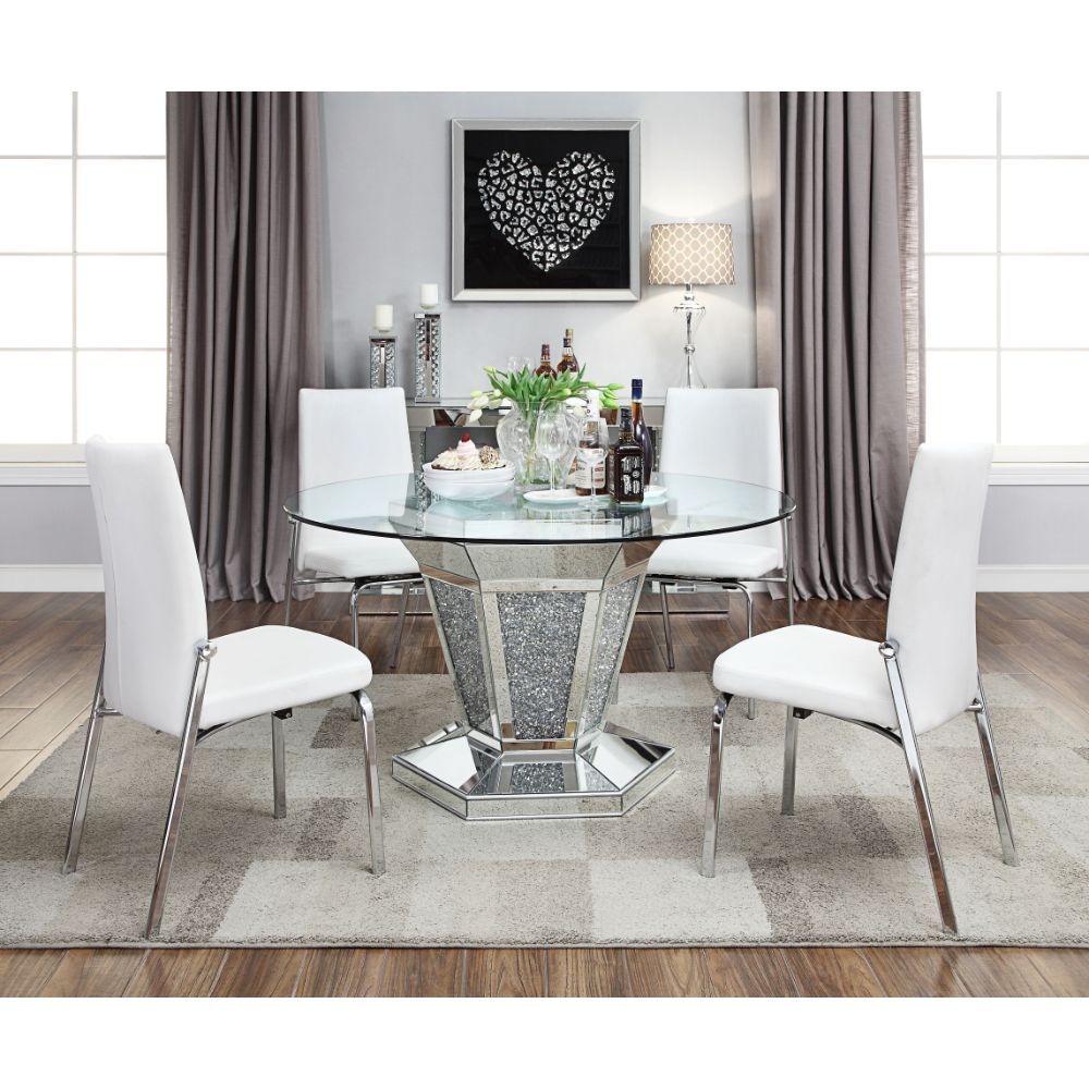 Noralie - Dining Table - Mirrored, Faux Diamonds & Clear Glass Top, alternate view 7 with wood construction