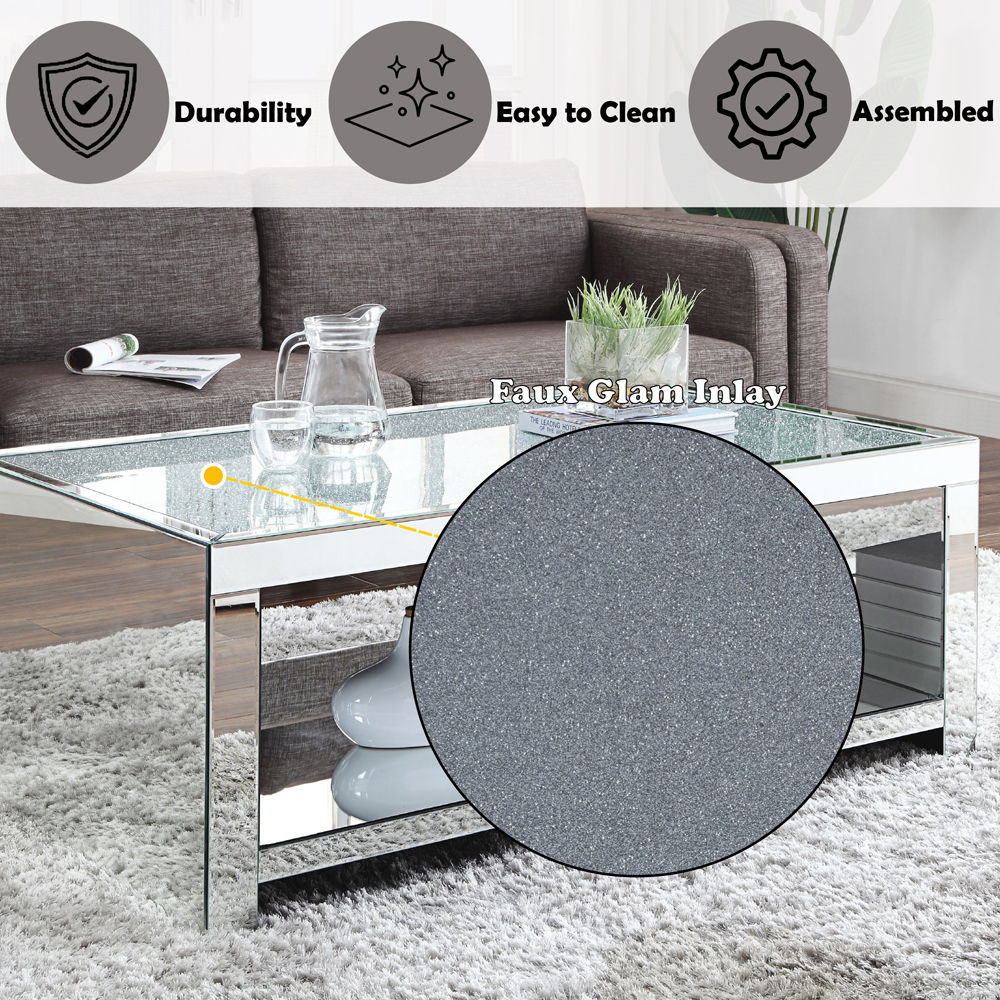 Noralie - Coffee Table - Clear Glass, Mirrored & Faux Diamonds, alternate view 6 with wood construction
