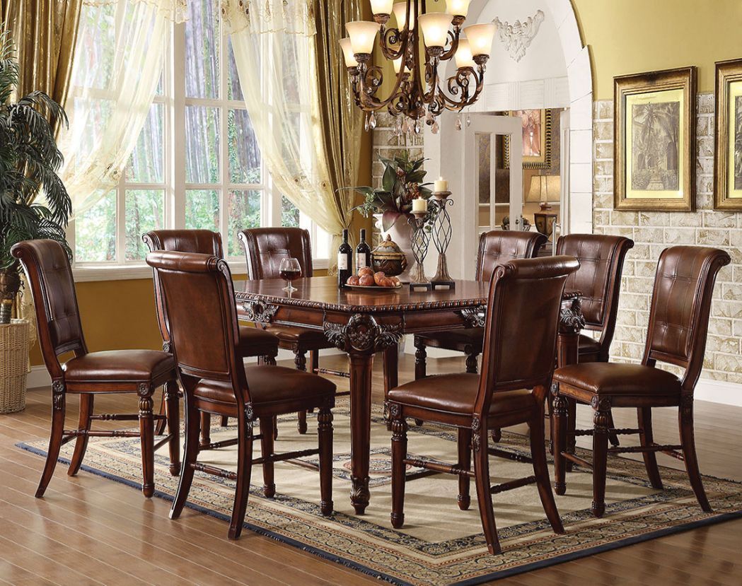 Winfred - Counter Height Table - Cherry, product view with leather upholstery