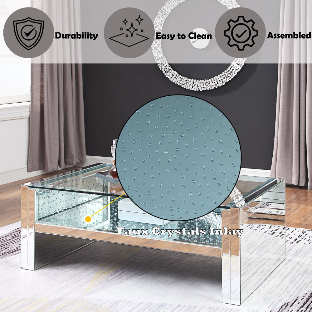 Nysa - 47" Coffee Table - Mirrored & Faux Crystals, alternate view 6 with wood construction