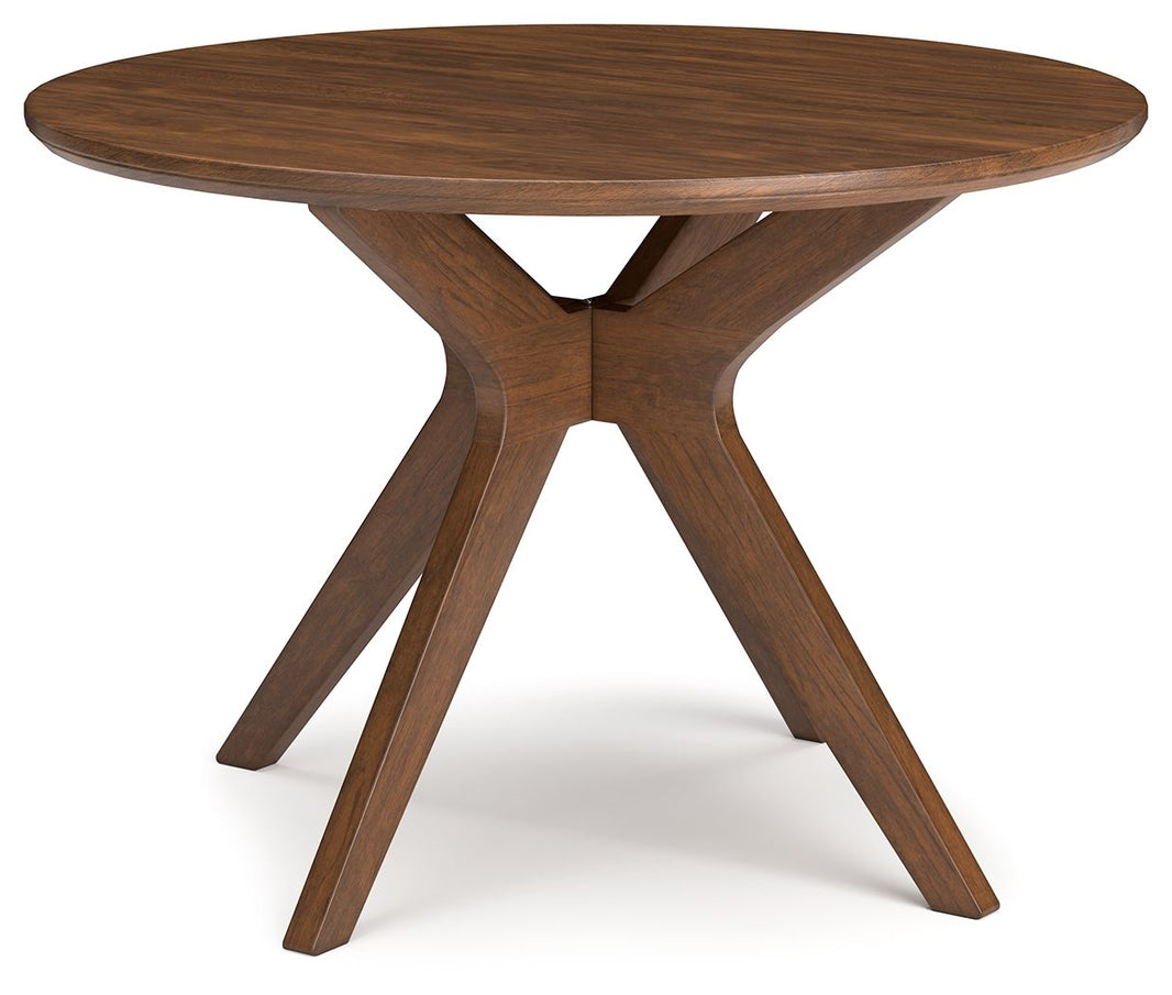 Lyncott - Round Dining Room Table - Brown, product view with wood construction