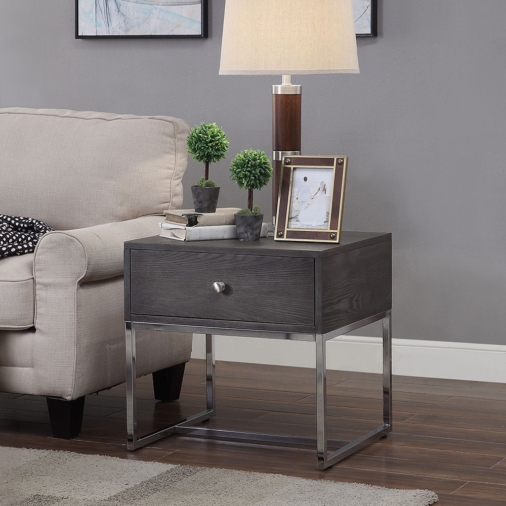 Iban - End Table - Gray Oak & Chrome, product view with wood construction