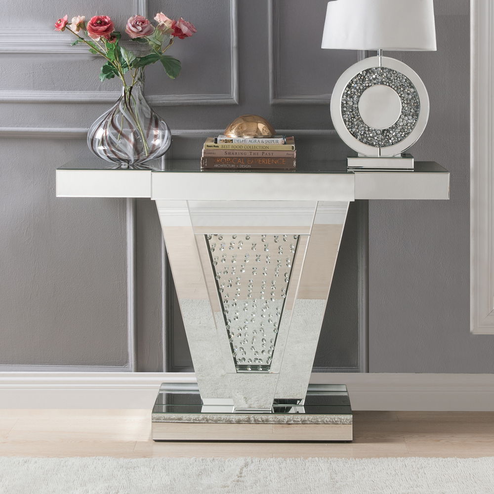 Nysa - 32"H Console Table - Mirrored & Faux Crystals, product view with wood construction
