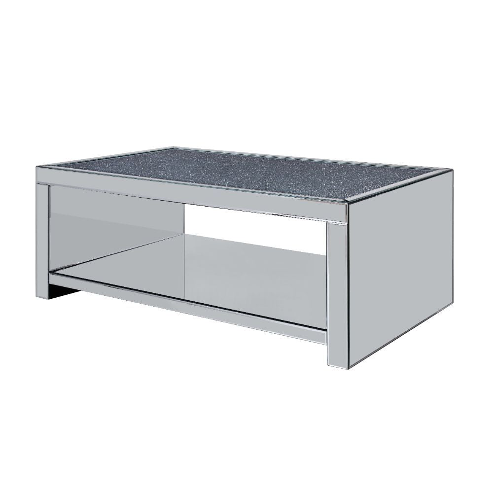 Noralie - Coffee Table - Clear Glass, Mirrored & Faux Diamonds, product view with wood construction