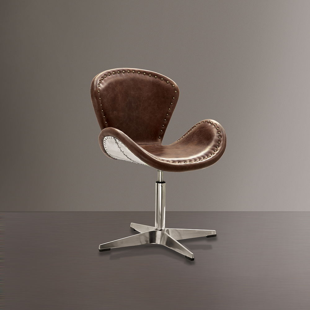 Brancaster - 33" Accent Chair With Swivel - Retro Brown Top Grain Leather & Aluminum, alternate view 4 with metal
