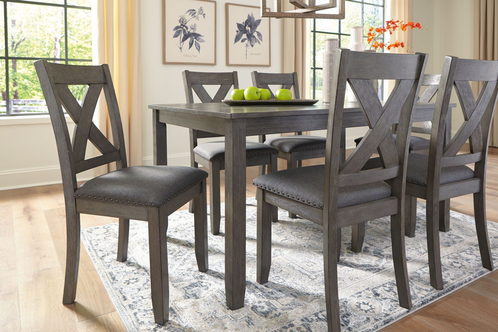Caitbrook - RECT DRM Table Set (Set of 7) - Gray, alternate view 6 with linen fabric