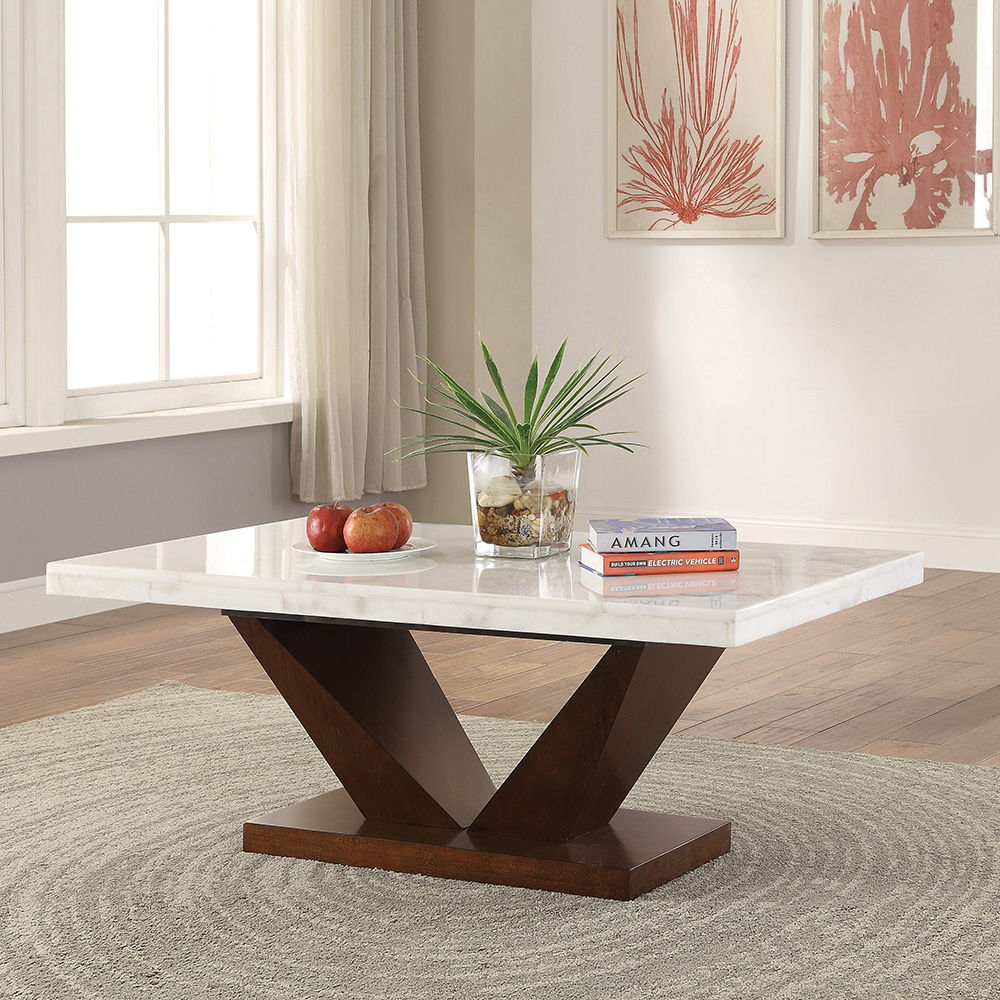 Forbes - Coffee Table - White Natural Marble Top & Walnut, product view with wood construction