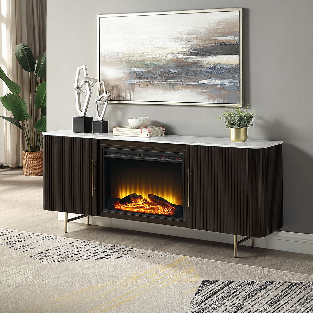 Clayten - Server With Marble Top & Fireplace - White & Espresso, alternate view 9 with wood construction