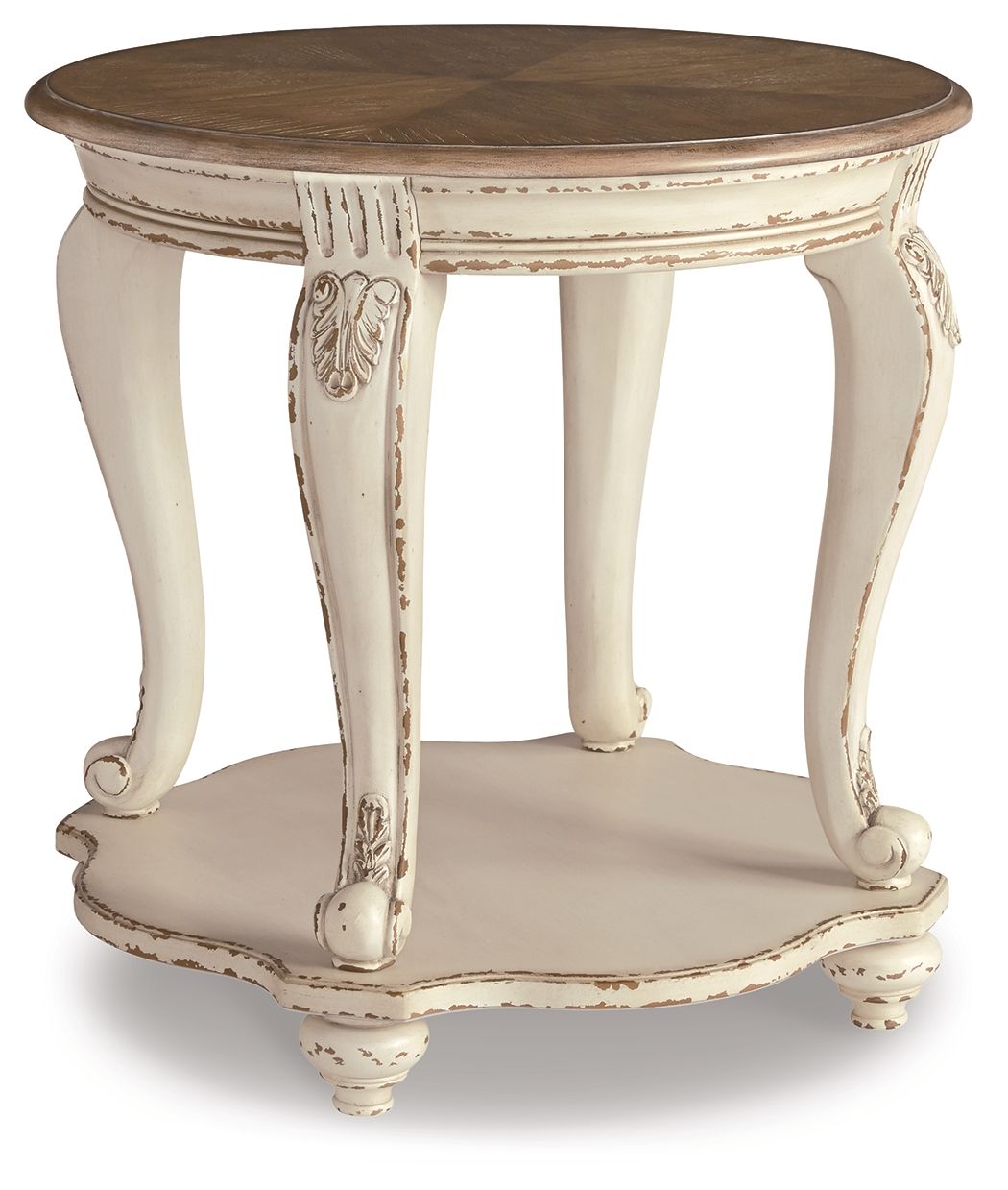 Realyn - Round End Table - White / Brown, product view with engineered wood