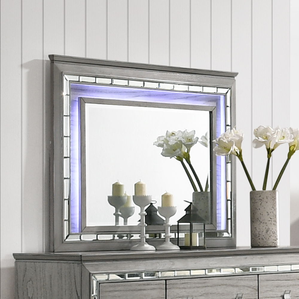 Antares - Mirror With LED - Light Gray Oak, product view with wood construction
