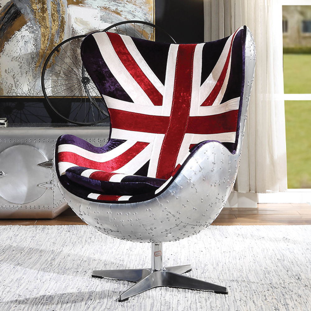 Brancaster - British Flag Accent Chair With Swivel - Pattern Fabric & Aluminum, product view with wood construction