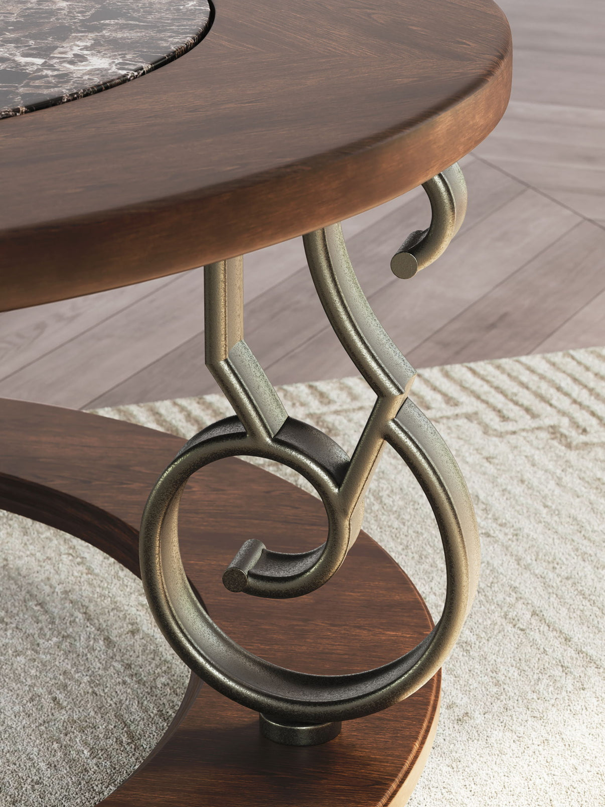 Frallyn - Round Cocktail Table - Dark Brown, alternate view 7 with marble