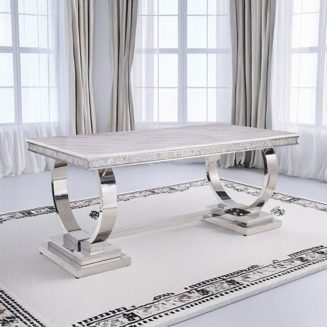 Zander - Dining Table - White Printed Faux Marble Top & Mirrored Silver, product view with metal